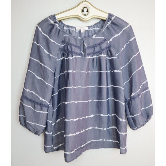 WOMEN'S BLUE & WHITE STRIPED PEASANT TOP - CORAL BAY - SIZE PL - Picture 2 of 5